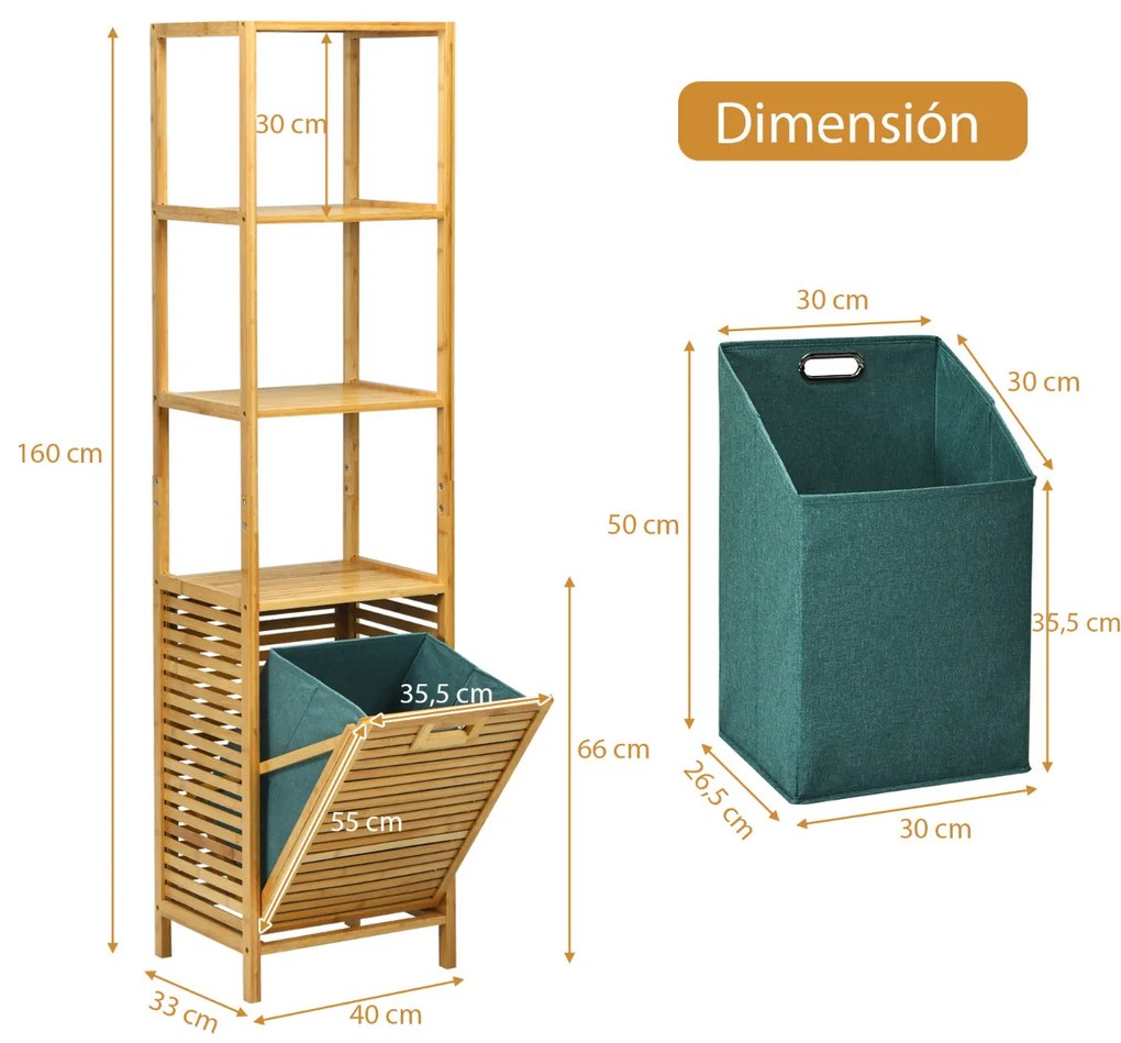 Cesto de roupa Suja retrátil em bambu Prateleira de casa de banho Torre organizadora de lavandaria Torre de lavandaria 3 Estantes 40 x 33 x 160 cm Nat