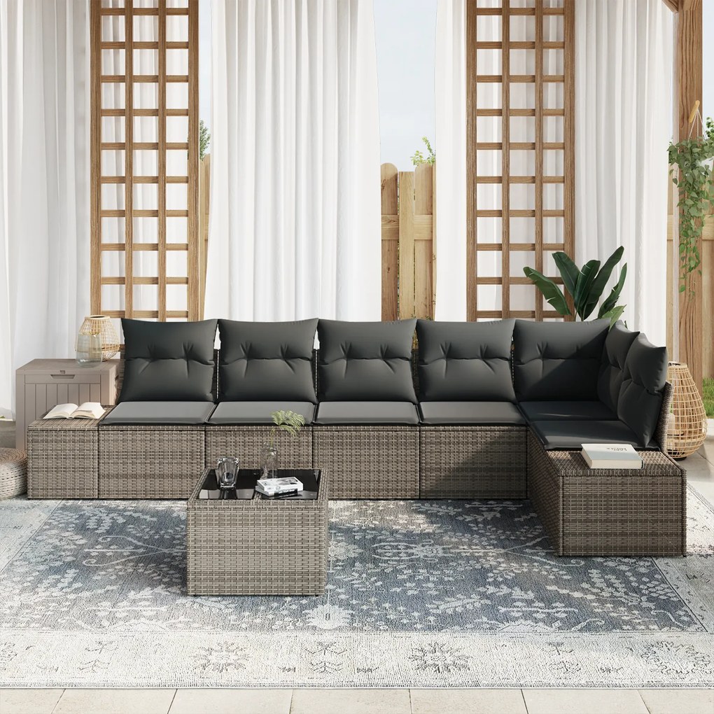 Conjunto de Sofá de Jardim de 6 Peças com Almofadas Preto Vime PE