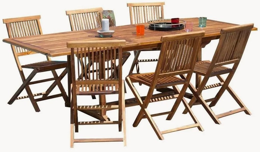 Conjunto de jantar para jardim em madeira de teca com orifício para guarda-sol Maeva, conjunto de 7