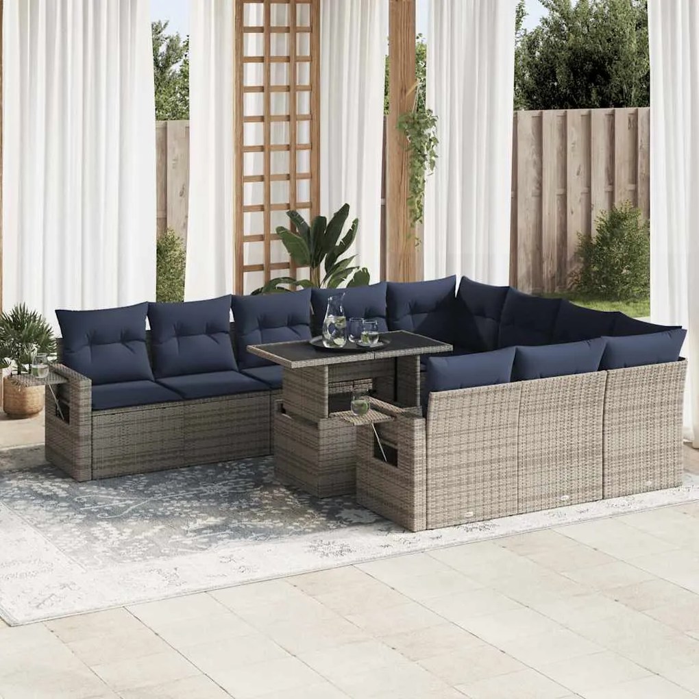 11 pcs conjunto sofás de jardim c/ almofadões vime PE/acácia