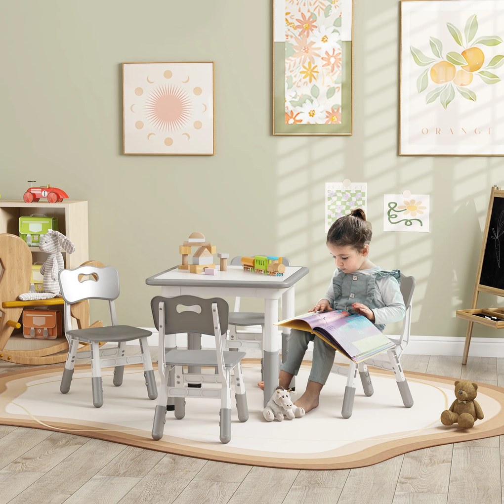 Conjunto de 1 mesa e 4 cadeiras para crianças com altura ajustável, conjunto de 5 peças, cinzento