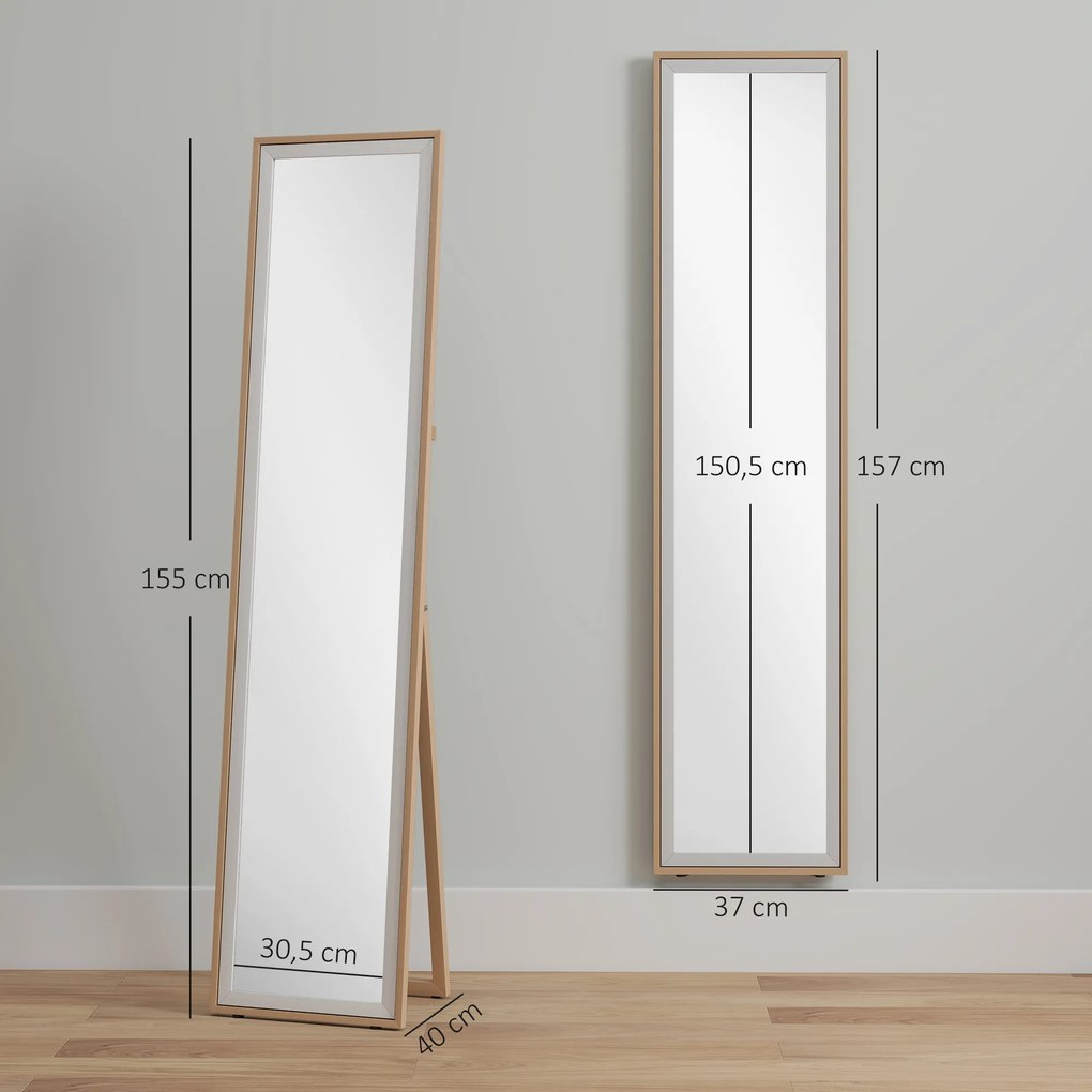 Espelho de Pé 157x37 cm com Moldura em MDF Espelho de Parede Retangular  com 2 Formas de Utilização Madeira e Prata