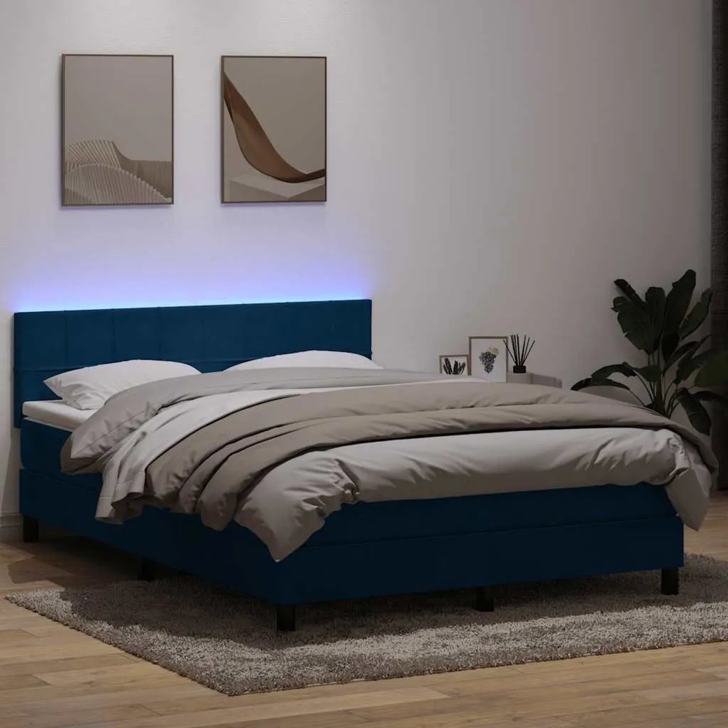 vidaXL Cama box spring c/ colchão e LED 140x210 cm veludo azul-escuro