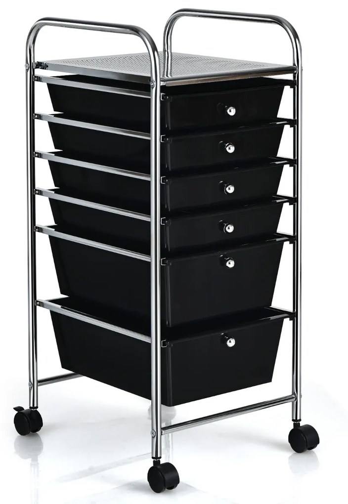 Carrinho com rodas auxiliar de armazenamento com 6 gavetas removíveis multiusos 34 x 43,5 x 76 cm Preto