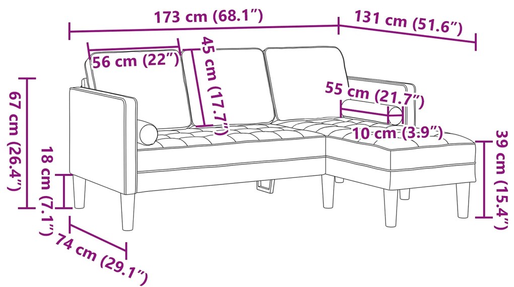 Sofá L de 3 Lugares vidaXL Cinza Escuro 160 cm Tecido