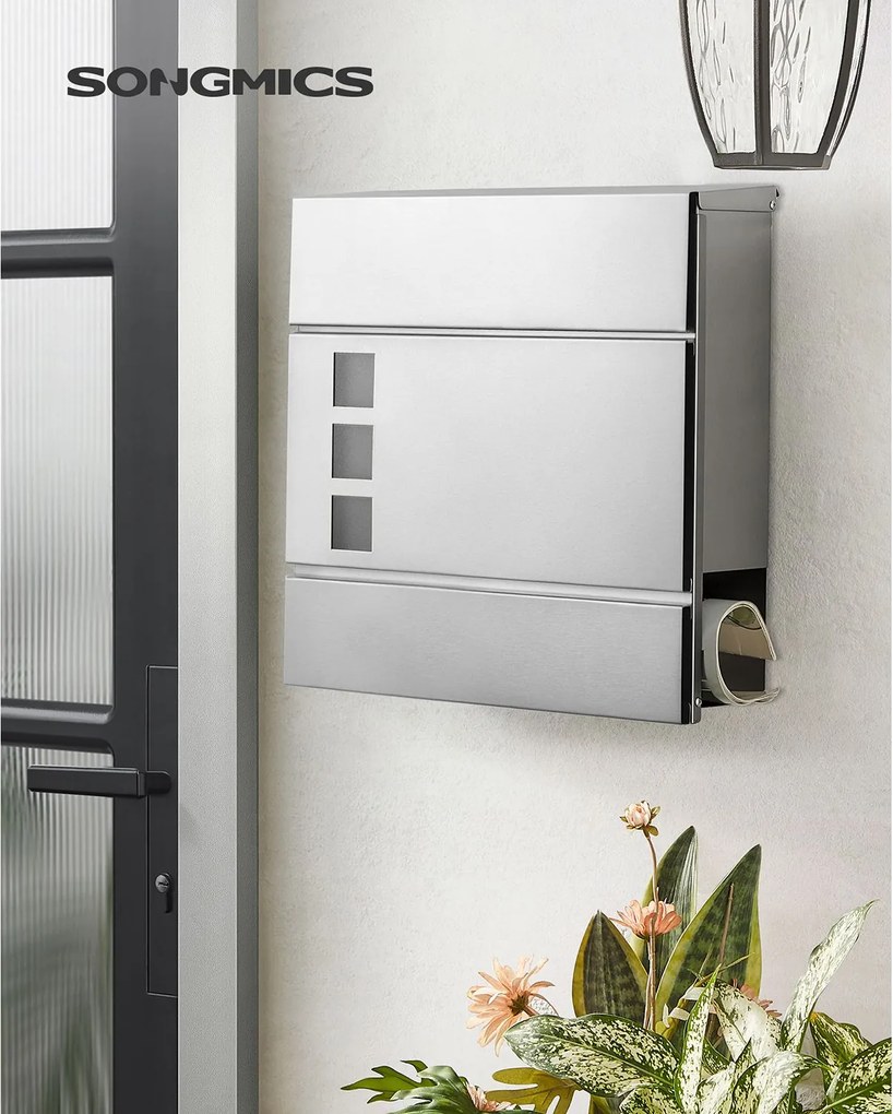 Caixa de correio de parede 37 x 10,5 x 37 cm com compartimento para jornais, prateada