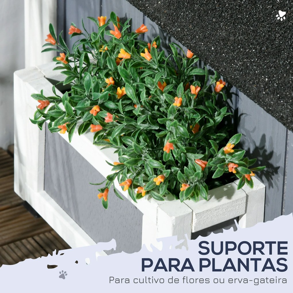 PawHut Casa para Gatos de Madeira com Suporte para Flores 96x65x85,5 cm Casa para Gatos de 2 Níveis com Teto Asfáltico Janela e Múltiplas Entradas Cinza