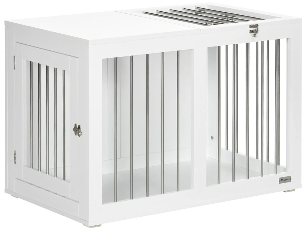 PawHut Gaiola para Cães com 2 Portas Bloqueáveis Casa para Cães de Tamanho Médio para Interior e Mesa Auxiliar 80x50x56,5 cm Branco | Aosom Portugal