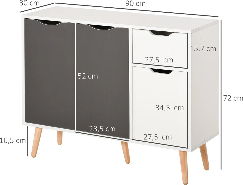 Aparador Móvel Auxiliar de Armazenamento com 2 Armários de Porta Gaveta Pés de Madeira 90x30x72 cm Cinza e Branco