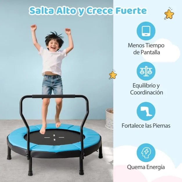 Trampolim infantil 102 cm ou de fitness para interior/exterior com barra em espuma e colchão de segurança para crianças Azul