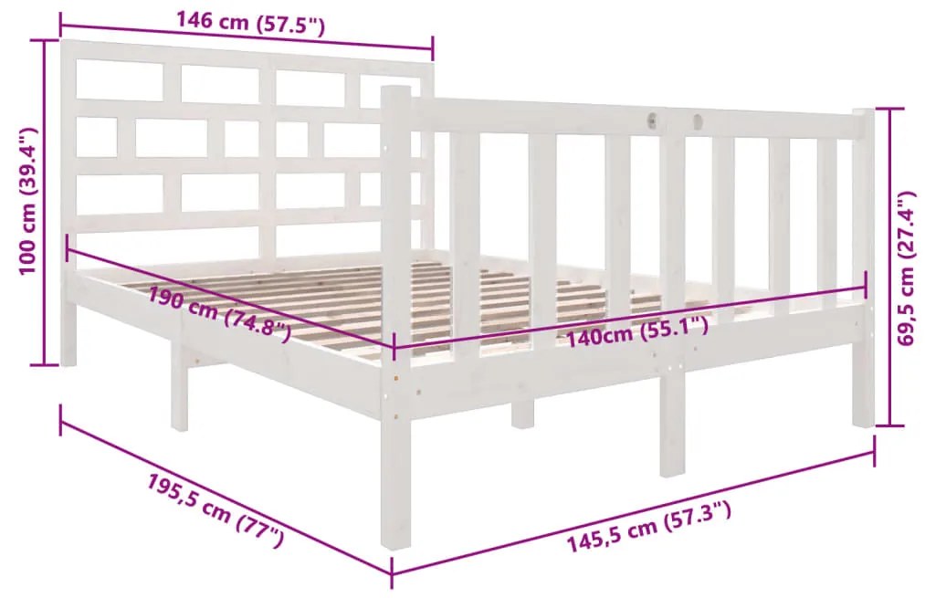 Estrutura de cama 140x190 cm madeira de pinho maciça branco