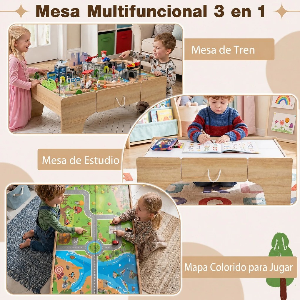 Mesa de Comboio para Crianças, 107 x 63 x 40 cm, Multifuncional 3 em 1, Natural