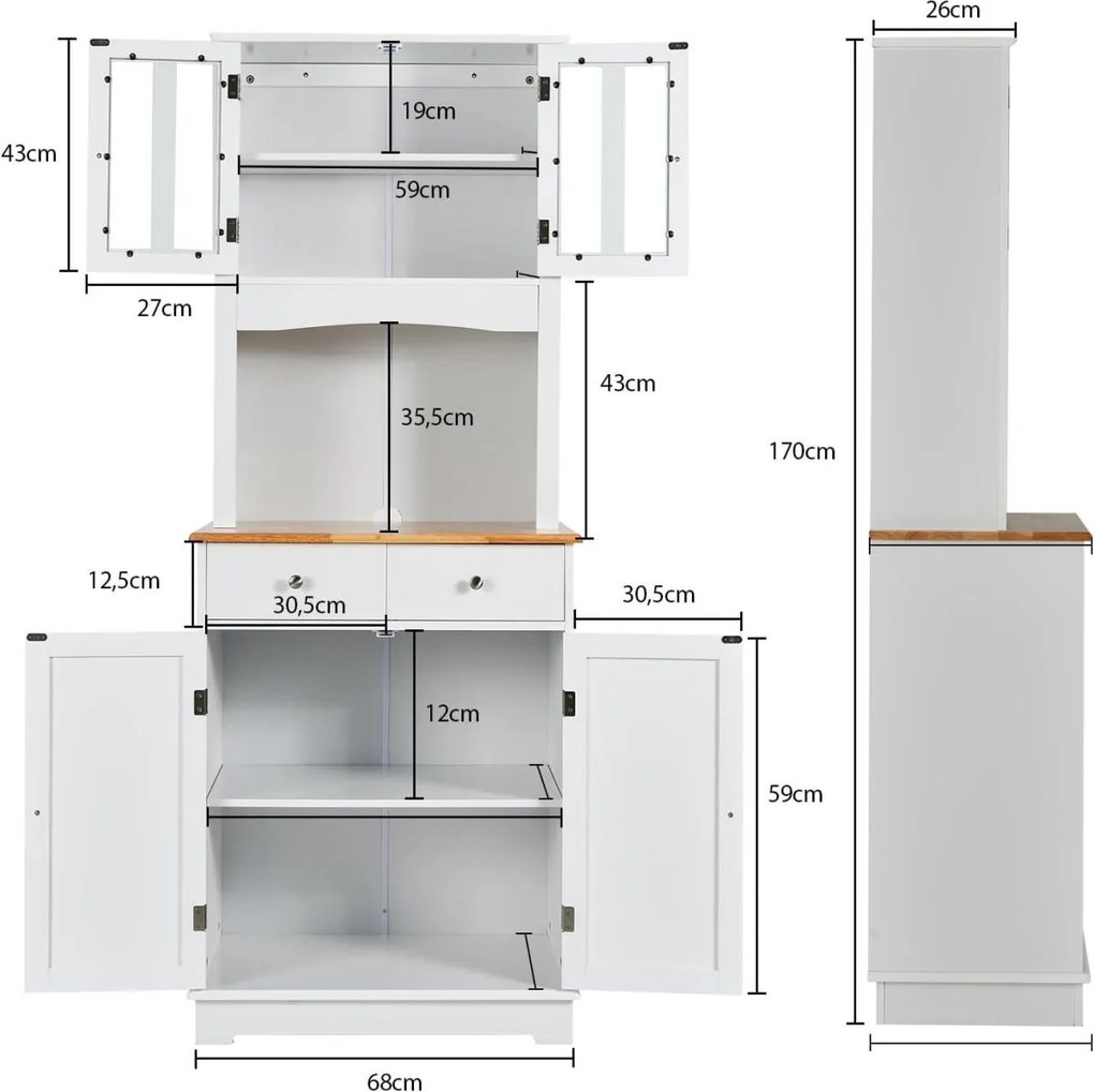 Armário Alto/Aparador de Cozinha “Verona” com Portas de Vidro, Gavetas