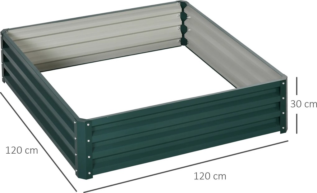 Floreira de horta quadrada em chapa de aço ondulada, 120 x 120 x 30 cm, verde escuro