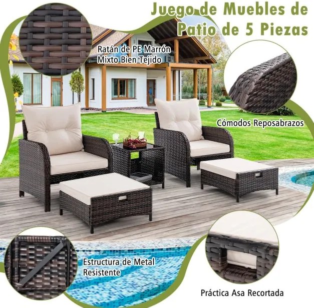 Conjunto de jardim de rattan de 5 peças com 2 cadeiras 2 Pufes Mesa de centro de vidro temperado Almofadas macias mistura de castanho e Bege