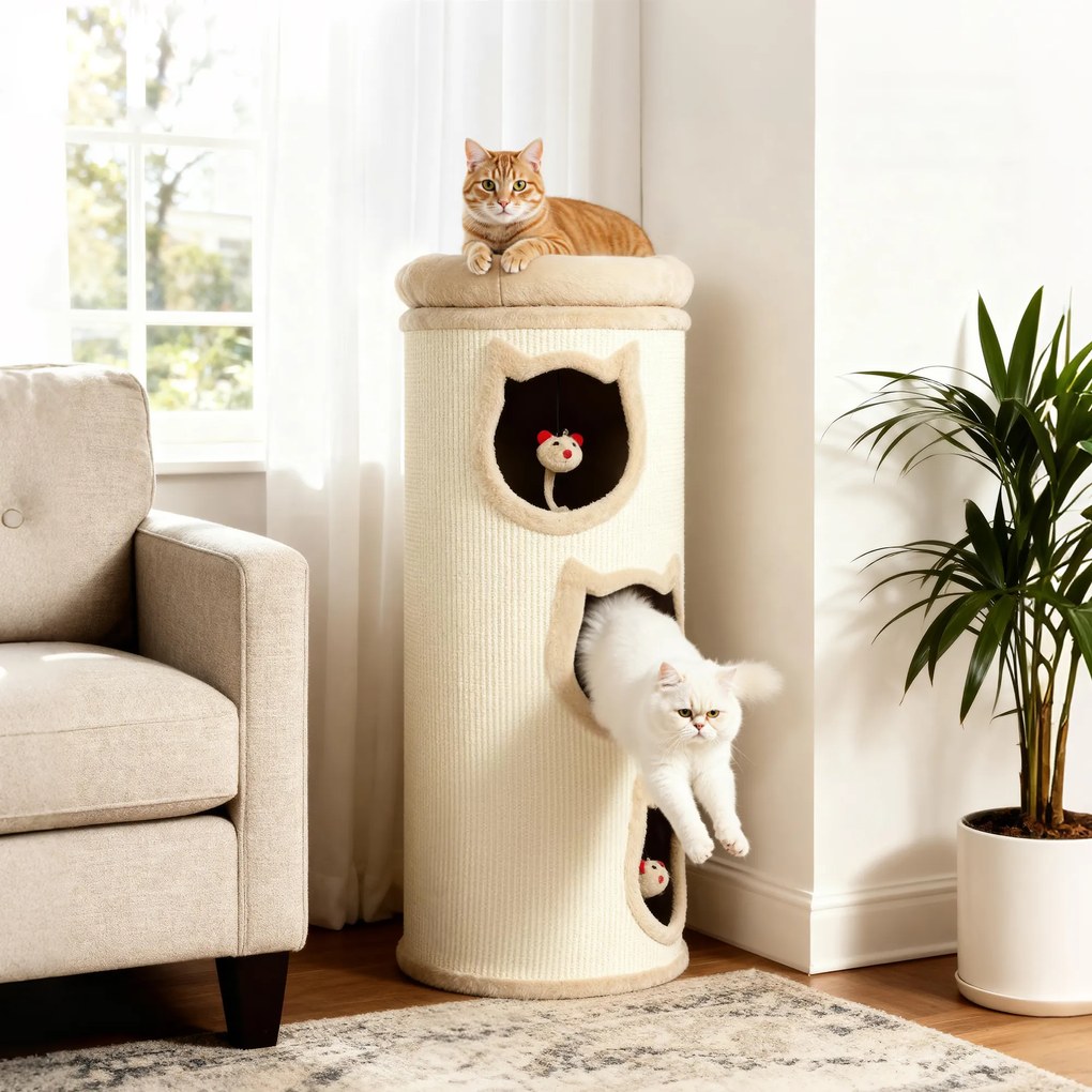 Cilindro para arranhar, torre para arranhar em sisal com borda em pelúcia, 3 níveis com plataforma, estável, Ø 38 x 96 cm, creme