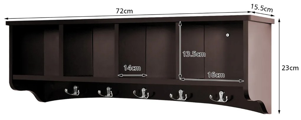 Cabide de entrada de parede com 4 compartimentos e 5 ganchos duplos 72 x 15,5 x 23 cm castanho