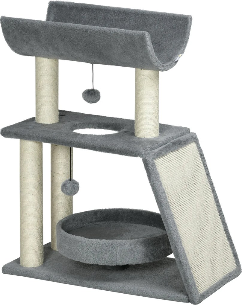 PawHut Arranhador para Gatos Altura 76 cm com 4 Postes de Arranhar Cama Plataforma em U Almofada para Arranhar Cinzento | Aosom Portugal