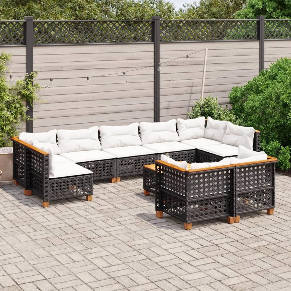 10 pcs conjunto sofás de jardim c/ almofadões vime PE preto