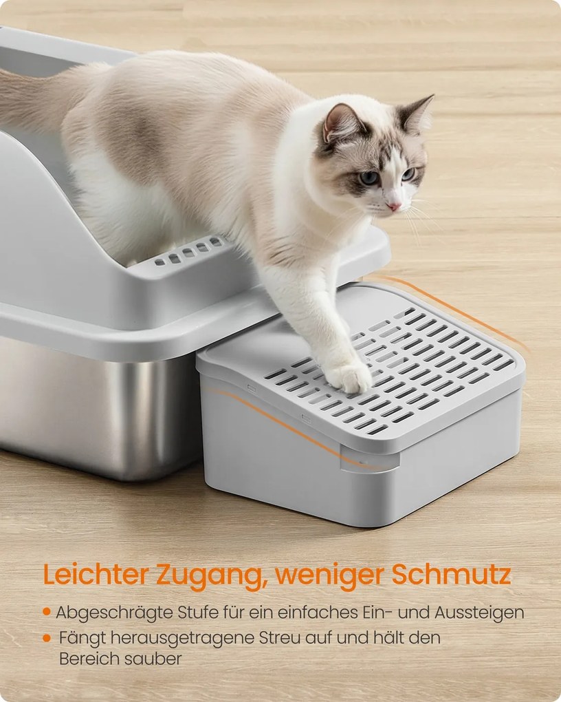 Caixa de areia para Gatos 62 x 42 x 30 cm em aço inoxidável com borda alta e acessórios cinzento