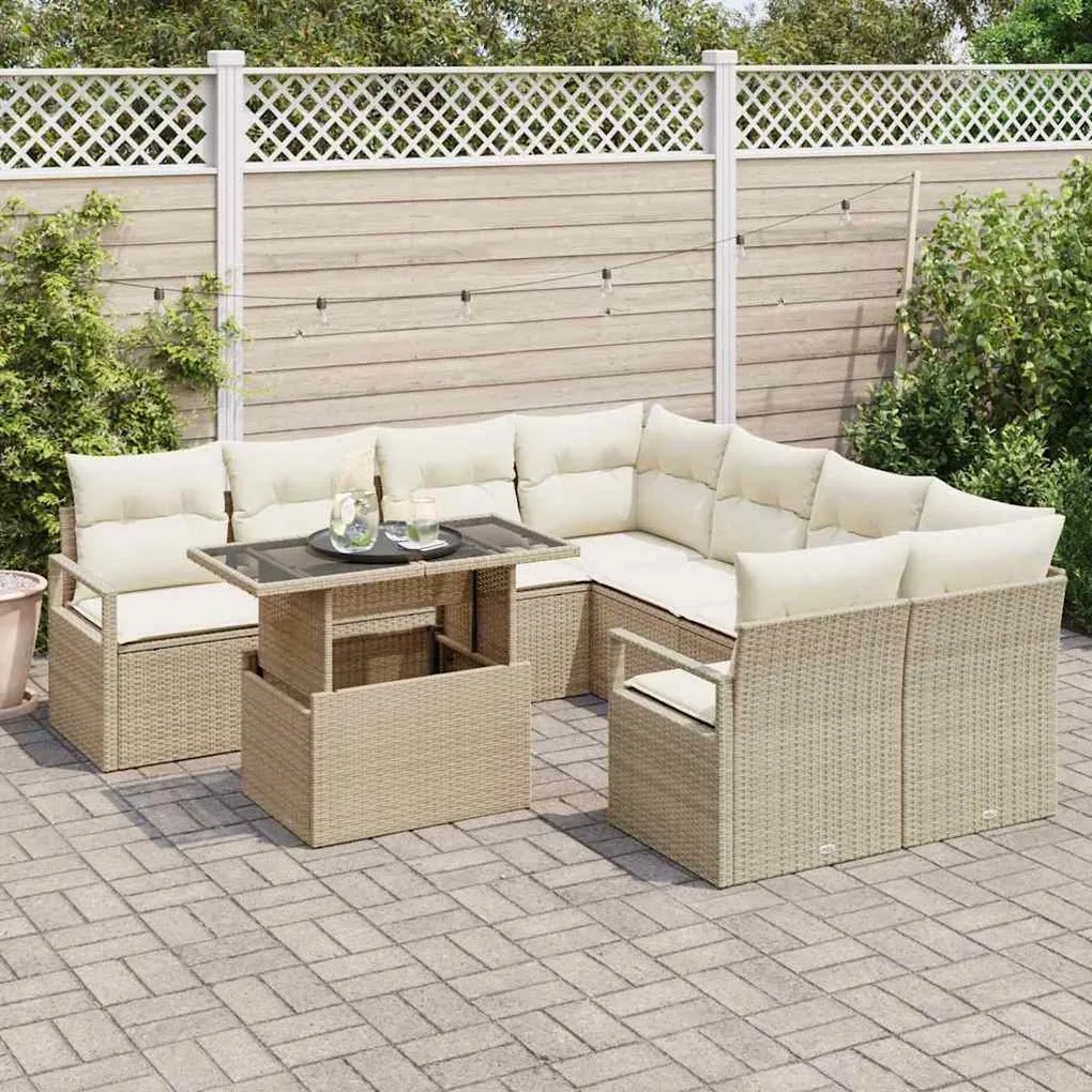 Conjunto de Sofás para Jardim vidaXL 9 Peças com Almofadas Bege Polirr