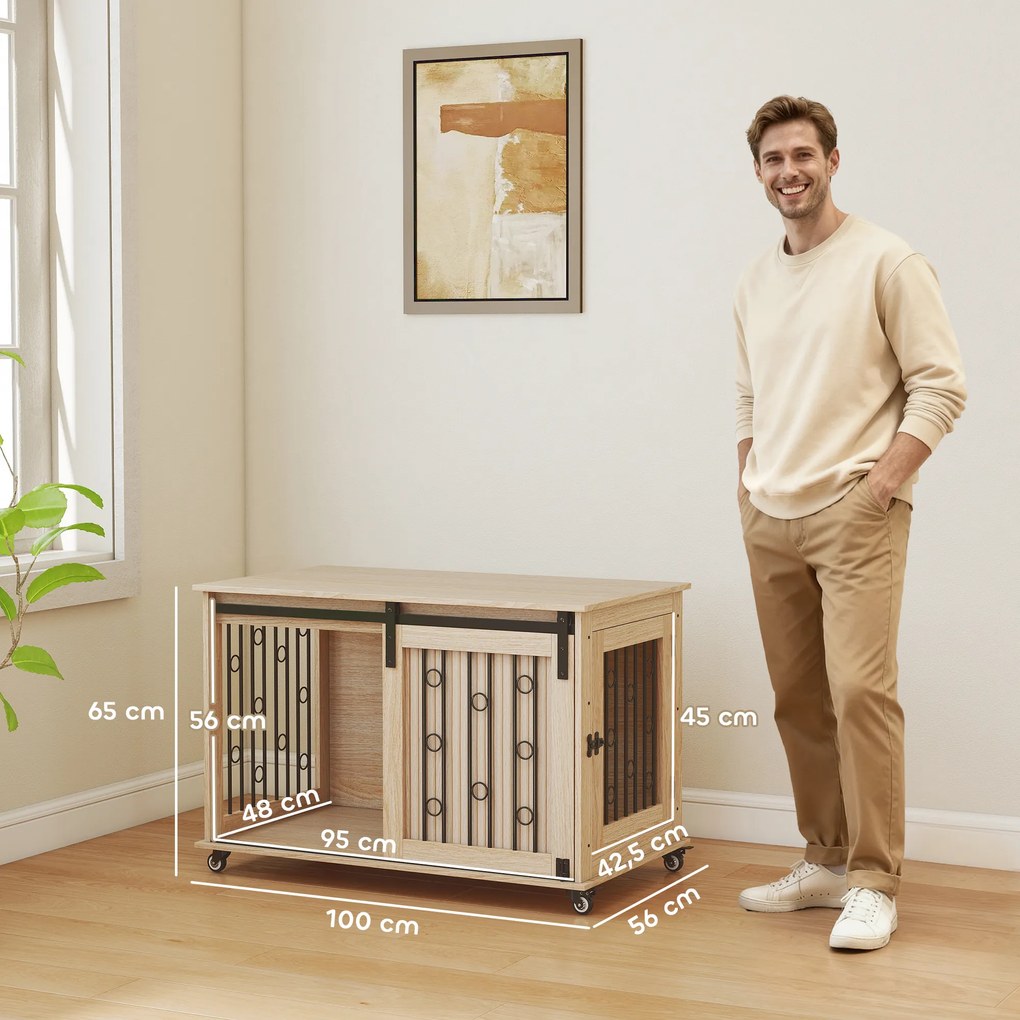 Móvel Gaiola para Cães com Rodas 2 Portas com Fecho para Cães Médios e Grandes 100x56x65 cm Carvalho