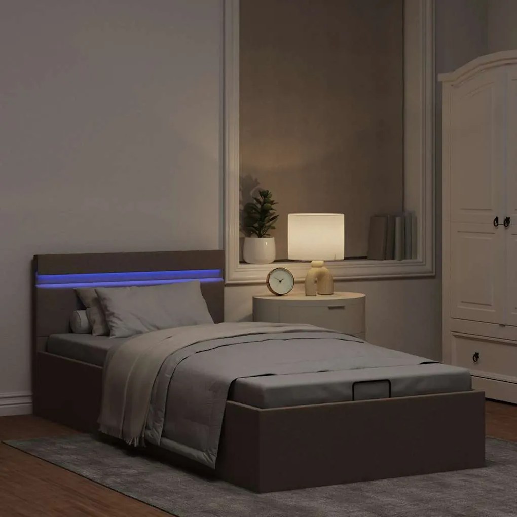 Cama hidrául. arrumação + LED 90x200cm tecido cinza-acastanhado