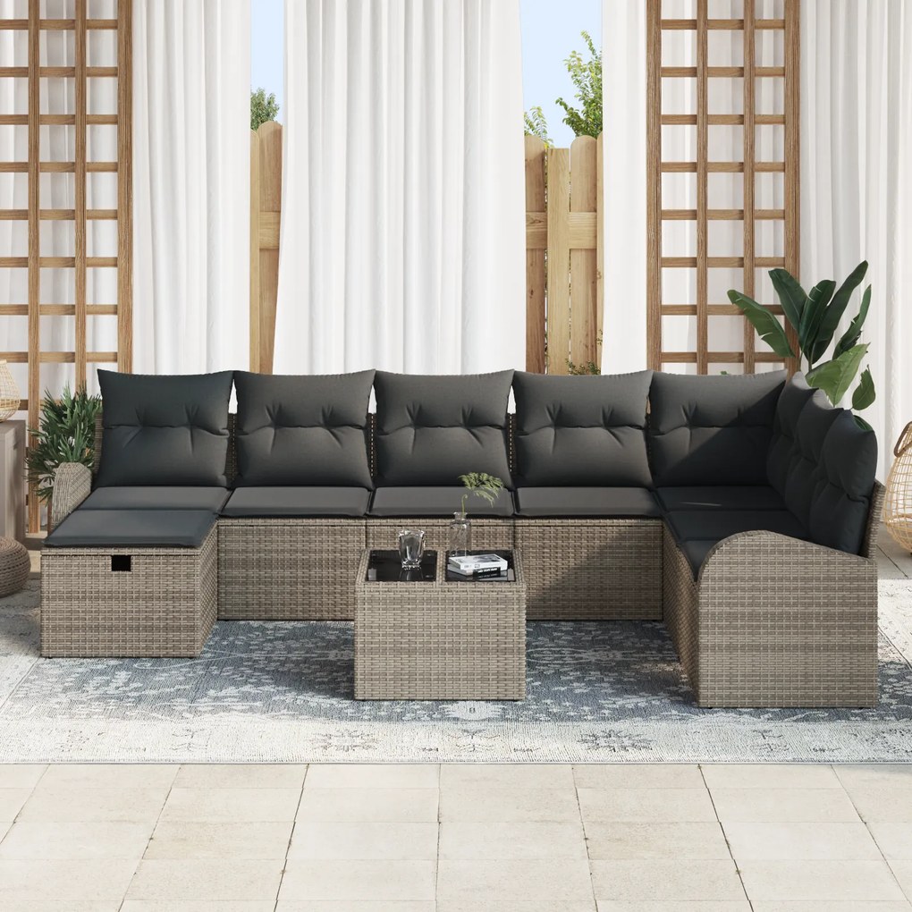 Conjunto de Sofá de Jardim de 9 Peças com Almofadas Cinza Poli Rattan