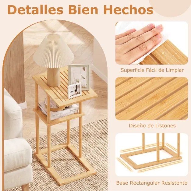 Conjunto de 2 mesas auxiliares 40 x 28 x 65 cm retangulares de bambu com prateleiras de arrumação, mesa de cabeceira em acabamento natural
