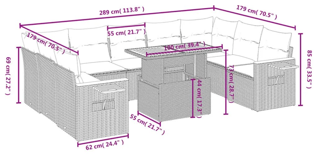 10 pcs conjunto sofás de jardim c/ almofadões vime PE preto