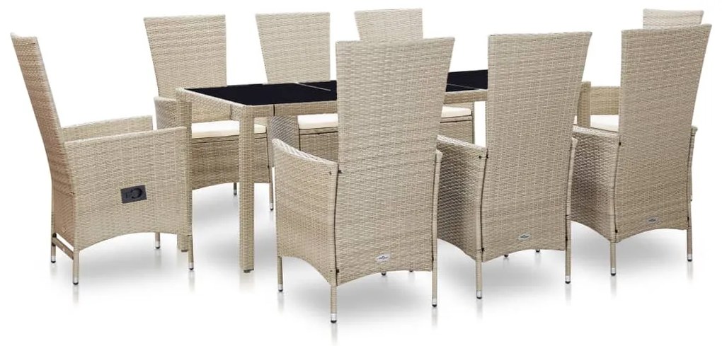 vidaXL 9 pcs conjunto jantar exterior com almofadões vime PE bege