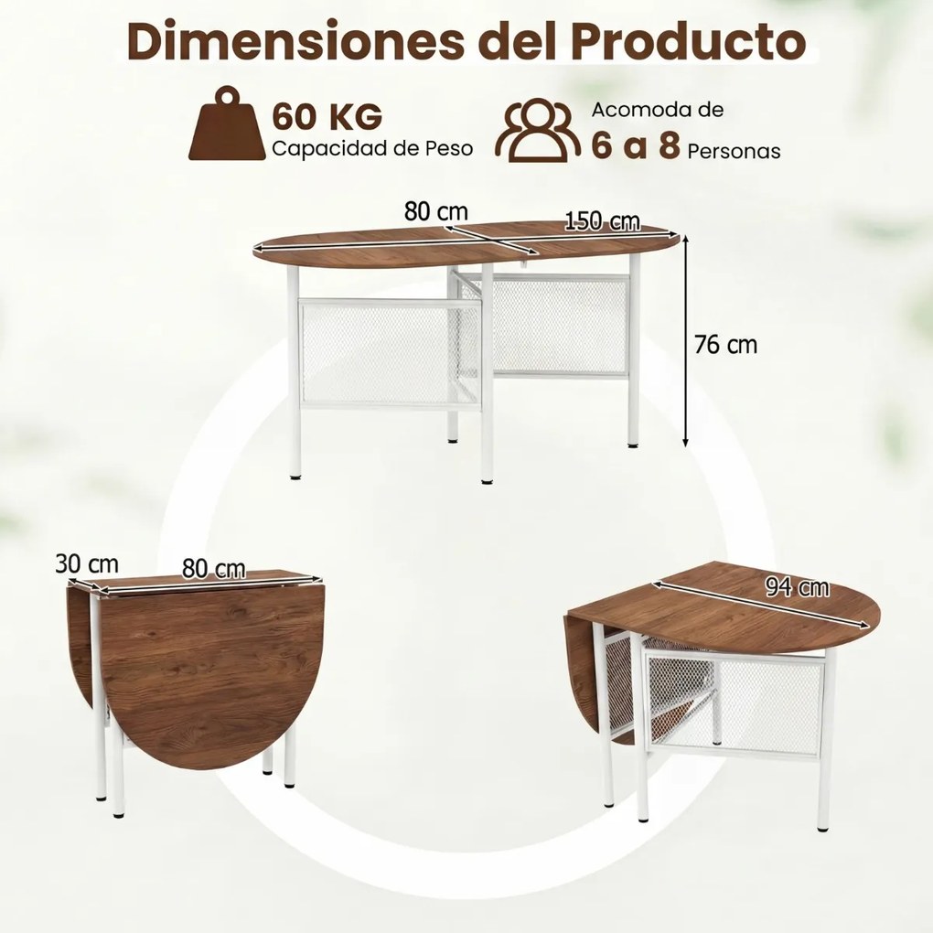 Mesa de jantar dobrável oval com abas rebatíveis para 6-8 pessoas, 150 x 80 x 76 cm, com pés metálicos, estilo rustico, castanho e Branco