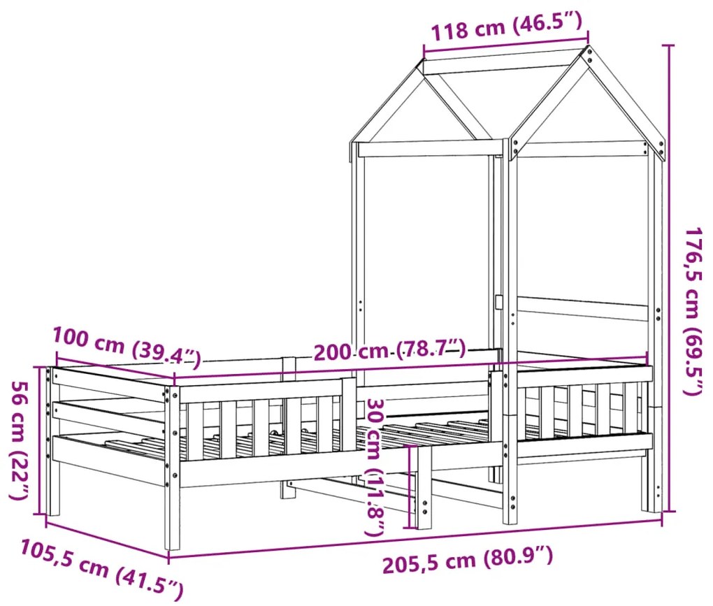 Estrutura cama c/ telhado 100x200 cm pinho maciço castanho-mel