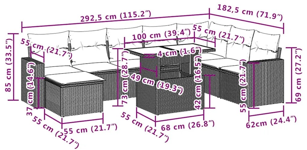 9 pcs conjunto de sofás p/ jardim c/ almofadões vime PE preto