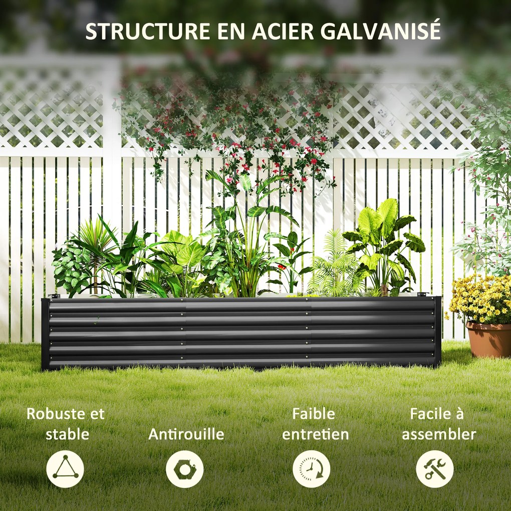 Floreira de horta elevada em aço galvanizado, com barras de suporte e placas de canto, fundo aberto, 240 x 40 x 45 cm, cinzento escuro