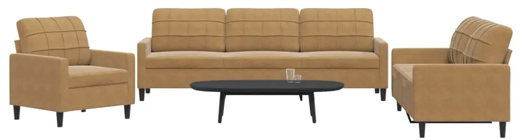 3 pcs conjunto de sofás com almofadões veludo castanho