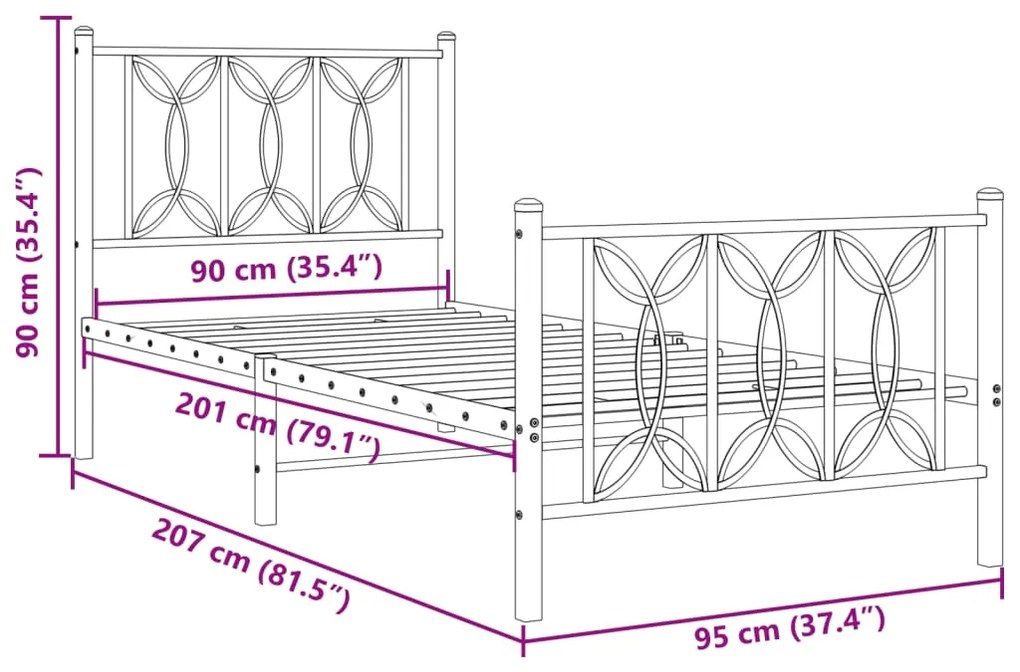 Estrutura de cama com cabeceira e pés 90x200 cm metal preto