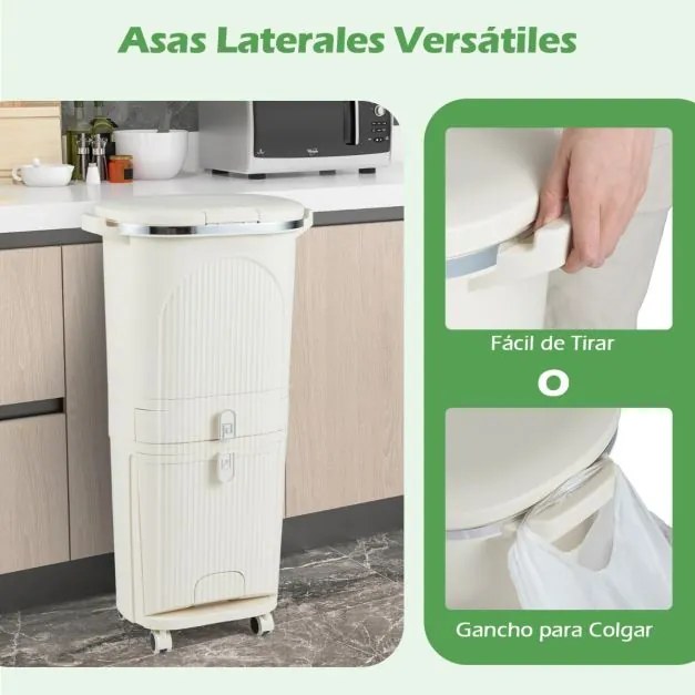 Caixote do lixo de 42 L com 2 baldes removíveis, gaveta com pedal e rodas para sala, cozinha e casa de banho, bege