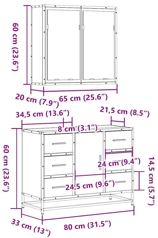 2 pcs conjunto móveis WC derivados de madeira sonoma cinza