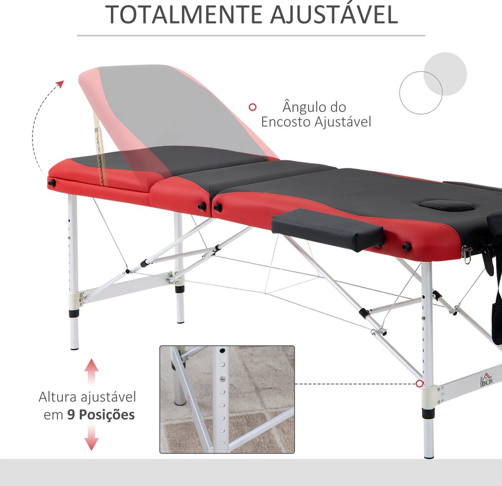 Marquesa Mesa de Massagem Dobrável e Portátil com Altura Ajustável e Apoio para a Cabeça 180x60x62-82 cm Vermelho e Preto