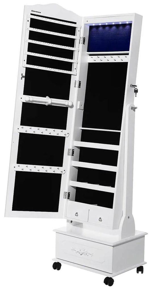 Armário de joias com rodas e iluminação LED | SONGMICS | 45 x 35 x 155 cm | branco | JBC61W.