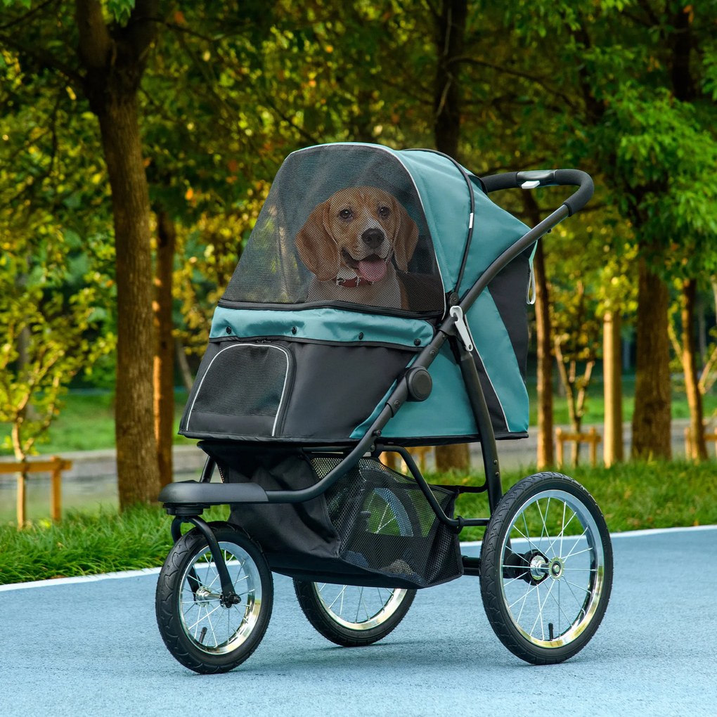 Carrinho para Cão Dobrável, 111 x 58 x 107 cm, 3 Rodas Todo-o-Terreno, Verde Escuro