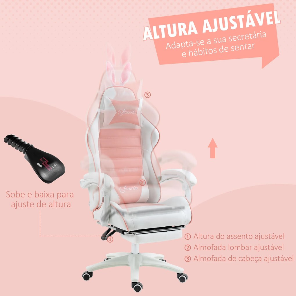 Cadeira Gaming Giratória de Couro PU com Altura Ajustável Inclinável 135° Apoio para a Cabeça 65x63x136-142 cm Rosa e Preto