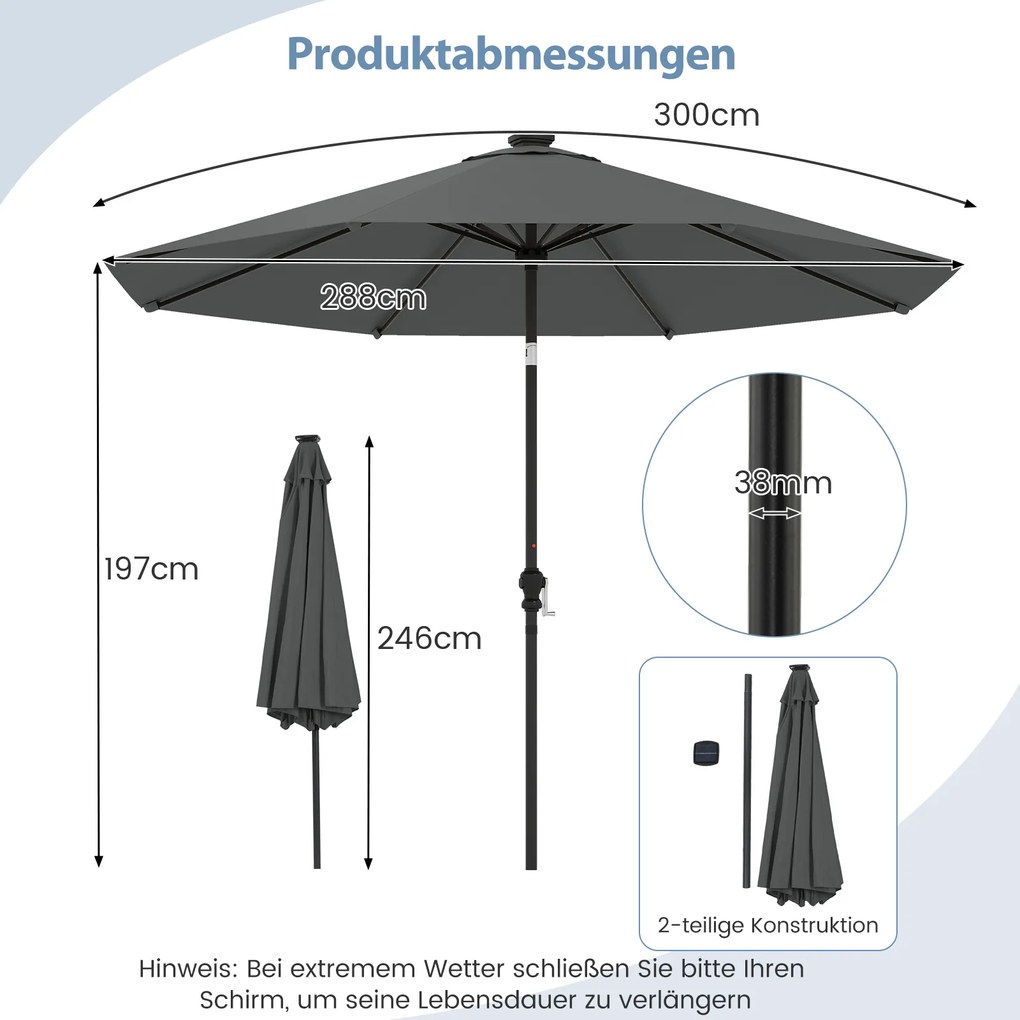 Guarda-sol de 300 cm com iluminação LED solar, 9 modos de iluminação, guarda-sol de jardim com manivela, cinzento
