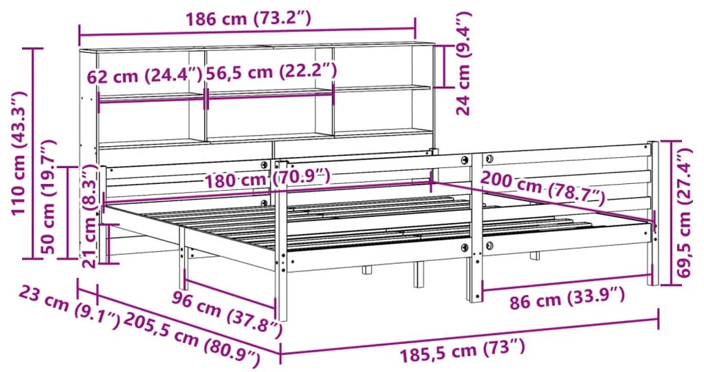 Cama com estante sem colchão 180x200 cm pinho maciço branco