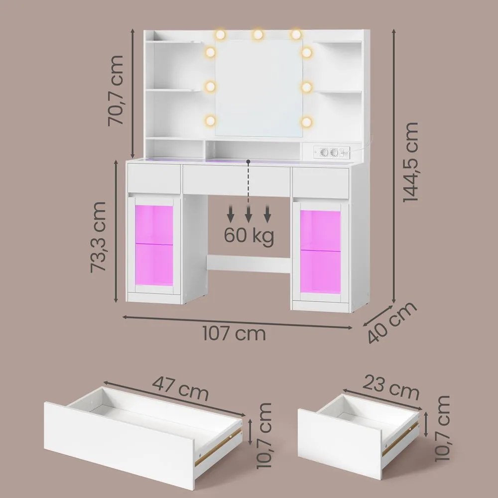 Toucador com espelho 107 x 40 x 144,5 cm (CADEIRA NÃO INCLUIDA), iluminação RGB, tomada e 2 armários Branco
