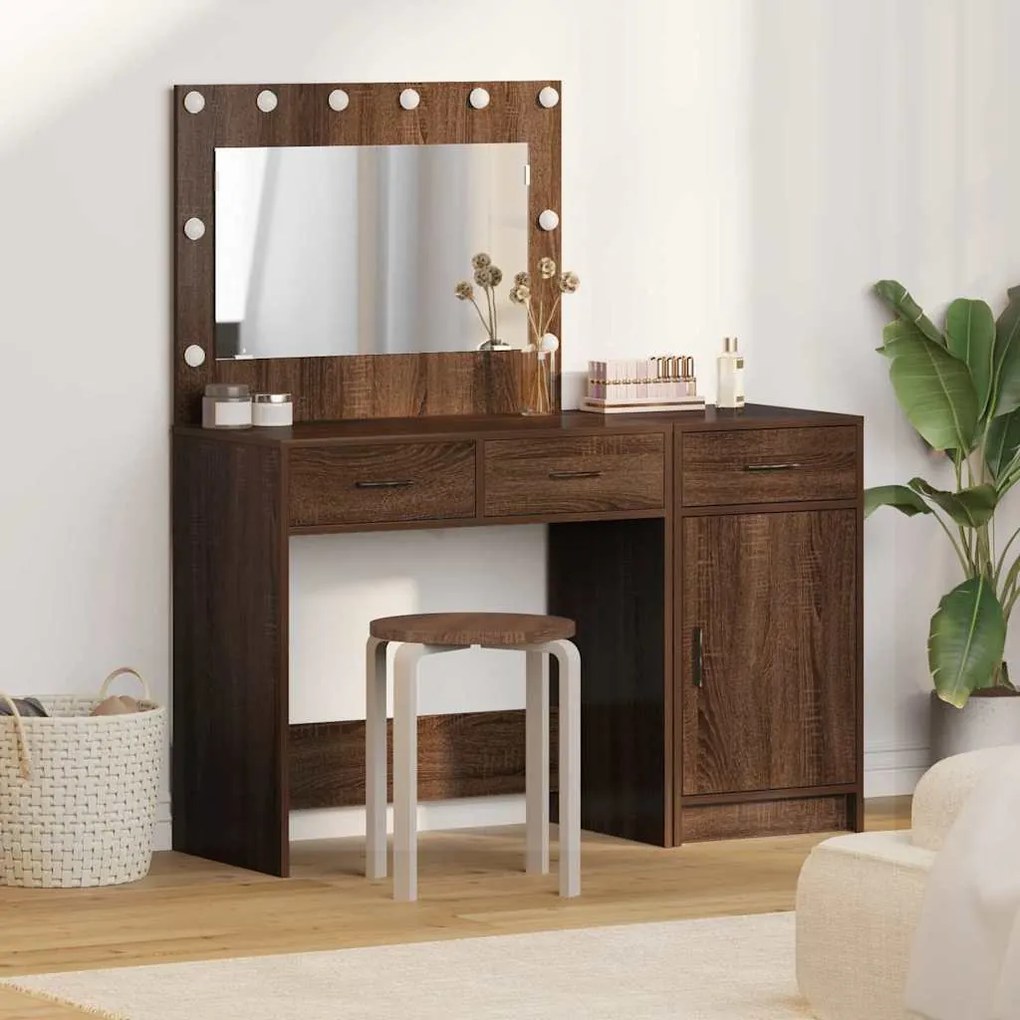 Conjunto de Mesa de Maquiagem de 2 Peças com LED em Madeira de Carvalh