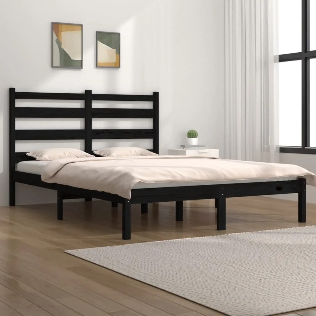 vidaXL Estrutura de cama casal 135x190 cm pinho maciço preto