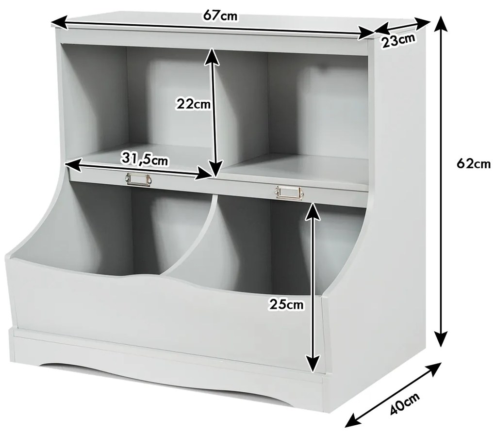 Organizador de brinquedos para crianças com compartimentos Prateleira de armazenamento multiuso 67 x 40 x 62 cm cinza