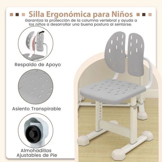 Conjunto de secretária e cadeira para crianças com altura ajustável, tampo inclinável, porta-copos, gaveta e cadeira ergonómica Cinza